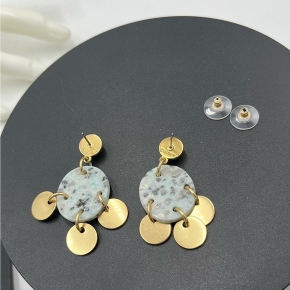 J. Crew Drop Stone Marble & Brushed Gold Disc Dangle Statement Earrings New - Picture 9 of 12